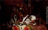 Table Canvas Paintings - Still Life with Dishes, a Vase, a Candlestick and other Objects on a Draped Table